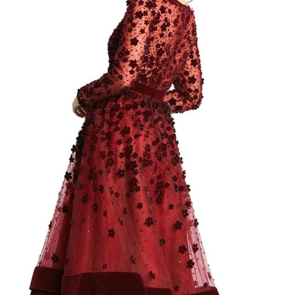 Mac Duggal Floral Applique Cocktail Dress Dark Red Burgundy Velvet Mesh 14 - Picture 5 of 7